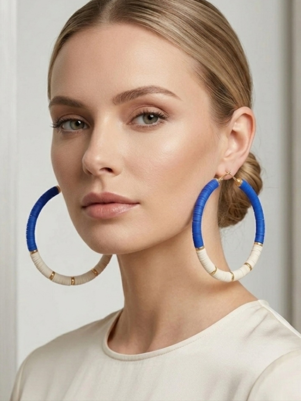 Bold Blue and Cream Hoop Earrings with Gold Accents - Picture 3 of 9